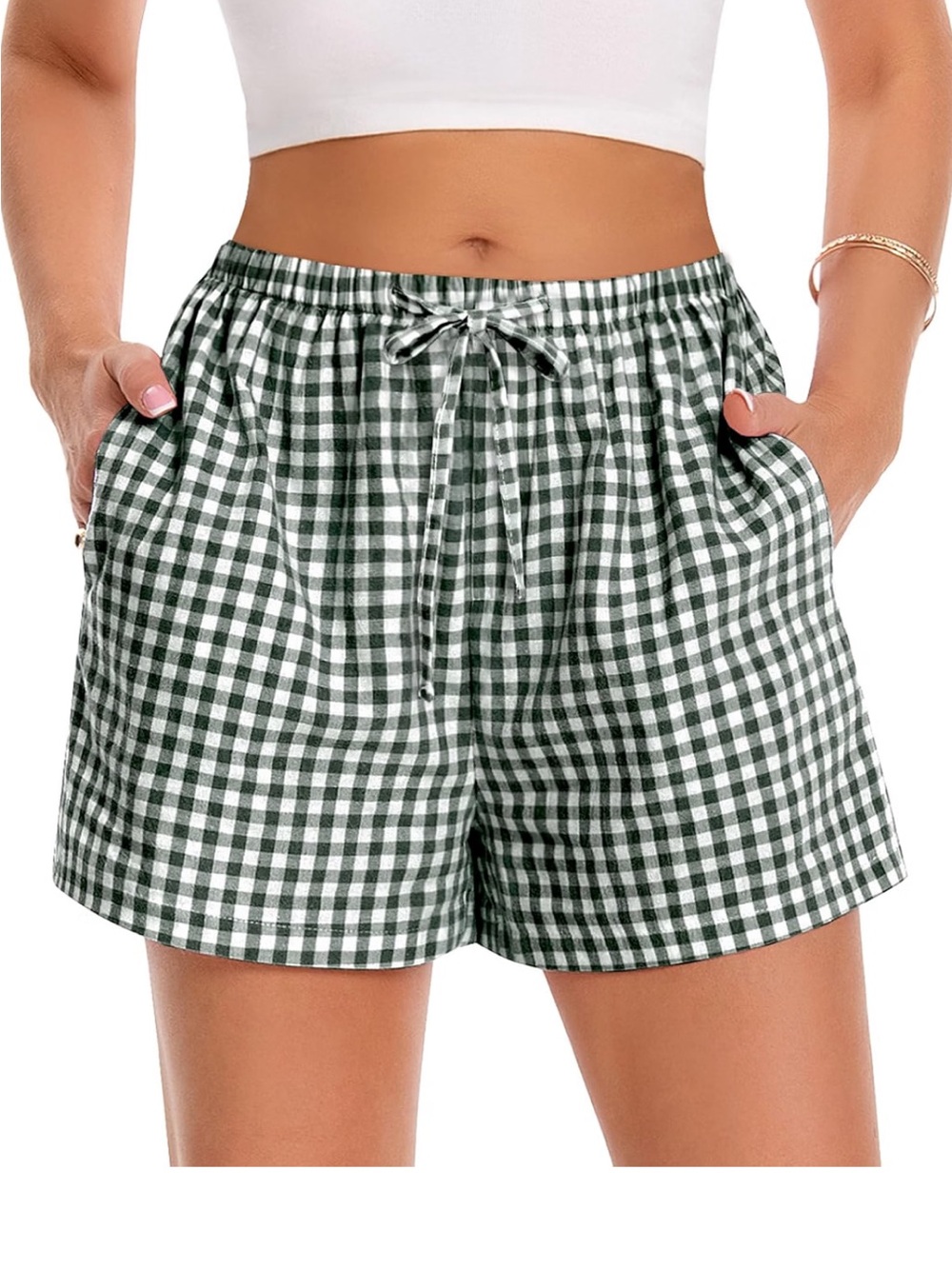 Amazon Green and White Gingham Drawstring Women's Shorts